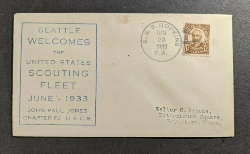 1933 USS Hopkins Scouting Fleet Navy Cover to Boyertown PA