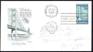 USA Sc# 1109 Artmaster FDC (c) Mackinac Bridge, MI 1958 Mackinac Straits Bridge