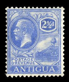 Antigua #49 Cat$17, 1927 2 1/2p ultramarine, lightly hinged