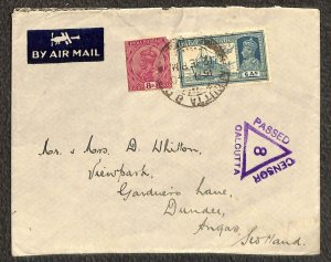 INDIA 118 & 159 STAMPS CALCUTTA TO SCOTLAND CENSORED AIRMAIL COVER 1940