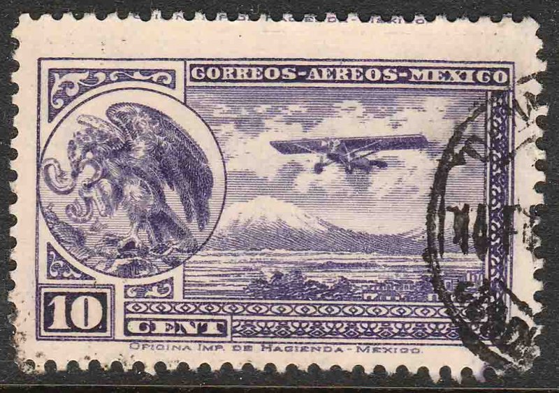 MEXICO C11, 10¢ EARLY AIR MAIL, COAT OF ARMS AND PLANE, SINGLE. USED. VF. (908)