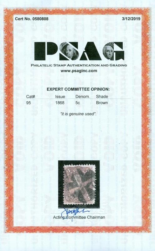 EDW1949SELL : USA 1868 Sc #95 Used Choice stamp w/ deep color PSAG Cert Cat $900 