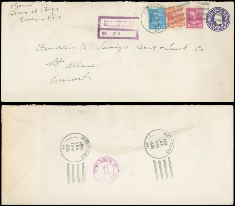 1944 REGISTERED #10 Cover, Westport & St. Albans Vermont, 3 PREXIES SC #815 #829