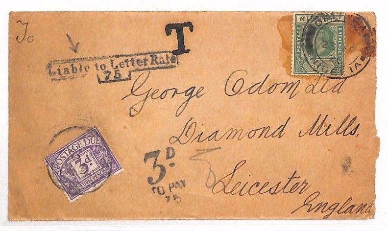 AS190 1926 NIGERIA to GB Leicester Cover. Underpaid 3d Postage Due. Letter Rate