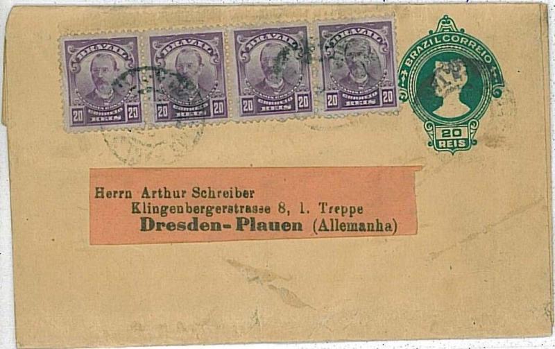 POSTAL STATIONERY WRAPPER with addede stamps: BRAZIL to GERMANY