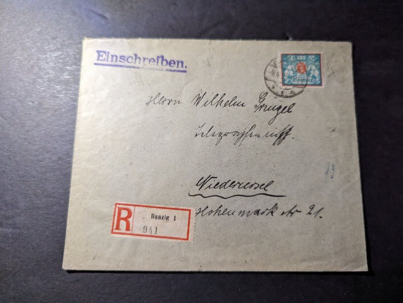 1923 Registered Germany Danzig Cover to Niederursel