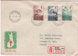 Finland 1961 FDC Sc B160-B162 Muskrat, Otter, Seal Registered to Canada