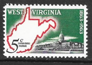 USA 1232: 5c Map of West Virginia and State Capitol, MNH, VF