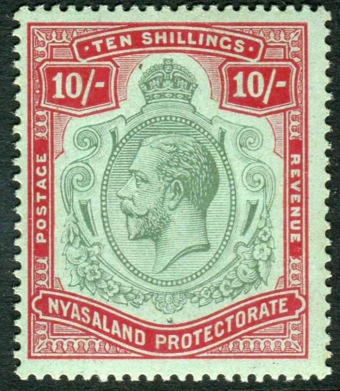 NYASALAND-1913-21 10/- Pale Green & Deep Scarlet/Green lightly mounted  Sg 96