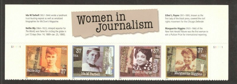 3665-68 Women In Journalism Header Strip Of 4 With Plate Numbers MNH SHIPS FREE