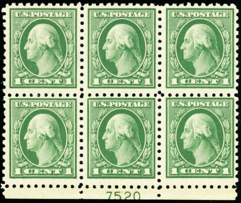 424, Mint VF H 1¢ Plate Block of Six A BEAUTY! Cat $60.00 - Stuart Katz