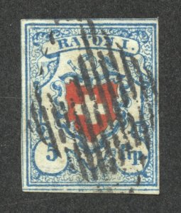 Switzerland Scott 10 Used VLH - 1851 5r Coat of Arms - SCV $160.00