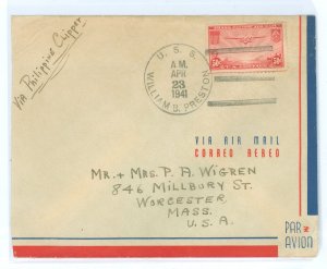 US C22 50c Pacific Clipper paying the 50c per half ounce airmail rate to/from the Philippines on this April 1941 cover sent fr