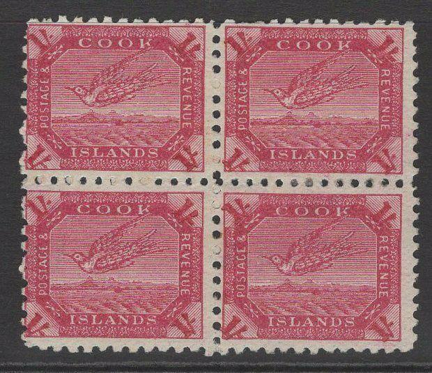 COOK ISLANDS SG20a 1900 1/= DEEP CARMINE MTD MINT BLOCK OF 4