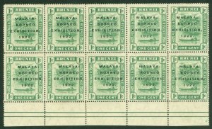 SG 51 Brunei 1922. 1c green marginal unmounted mint block of 10 with varieties..