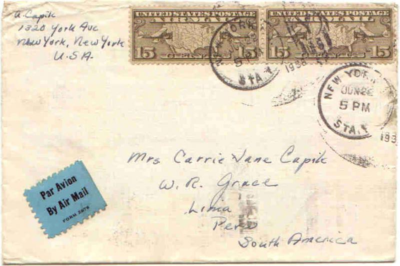 United States Early Airmail 15c Map (2) 1938 New York, N.Y. Sta. Y Airmail to...