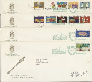 1970 #519-530 Christmas Set of 4 FDCs House of Commons Cachets to Prescott ONT