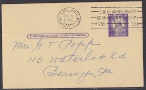 United States - Nov 12, 1959 Philadelphia, PA Domestic Postal Card