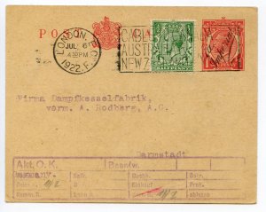 GB 1922 Uprated 1d Postal Stationery Postcard from London to Darmstadt