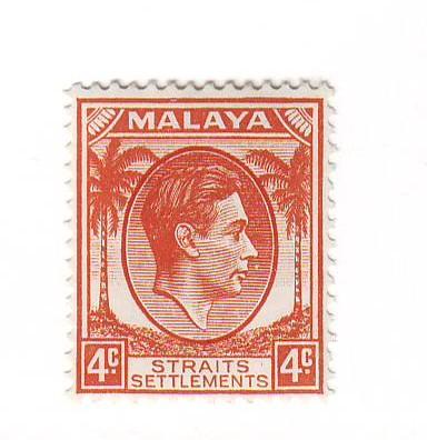 Straits Settlements Sc 240 1937 4 c  G VI stamp mint