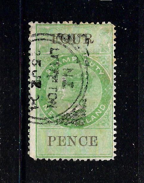 NEW ZEALAND  1867 4d   QV  REVENUE FU  POSTAL CANCEL P12 1/2  KIWI R265