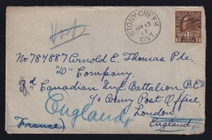 Canada 1917 WWI Military Cover Stony Creek Infantry Battalion Redirected France