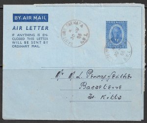 GRENADA 1953 KGVI 7c Aerogramme / Air Letter HG No. FG4 Used to St Kitts