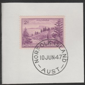 NORFOLK ISLAND 1947 KG6 BALL BAY 2d on piece with MADAME JOSEPH  POSTMARK