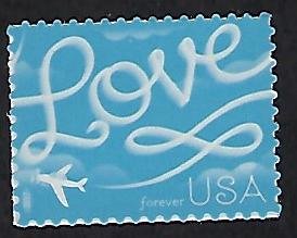 Catalog #  5155 Single Stamp Love & Blue Airplane in Clouds