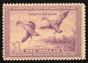 United States, Duck Hunting #RW5 Cat$200, 1938 $1 light violet, hinged