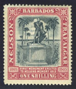 Barbados 1906 Nelson Centenary 1s black & rose MLH. SG 151. Sc 108.