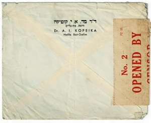 Palestine 1939 25 SP Haifa cancel on cover to the U.S., censored