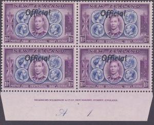 NEW ZEALAND 1940 Centenary Official 1½d plate block A1 mint cat NZ$85.......2605