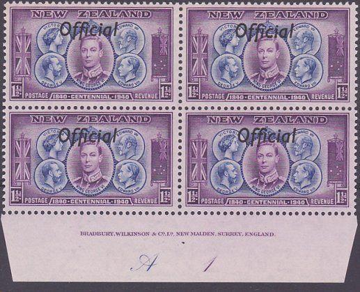 NEW ZEALAND 1940 Centenary Official 1½d plate block A1 mint cat NZ$85.......2605