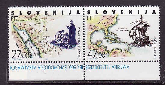 Slovenia-Sc#137-unused NH set-Ships-Discovery of America-Maps-1992-