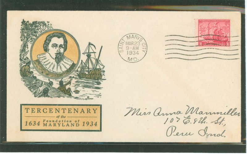 US 736 1934 3c Maryland-Tercentenary of founding (single) on an addressed first day cover with a Linprint cachet.