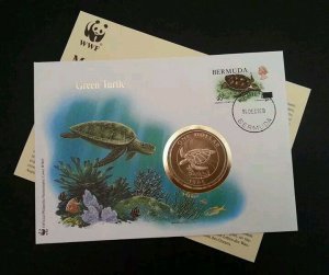 Bermuda WWF Green Turtle 1986 Underwater Life Ocean Wildlife FDC (coin cover)