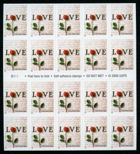 US Scott 3496 LOVE  Mint Booklet Pane of 20