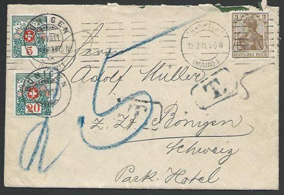 SWITZERLAND 1911 cover Germany to Bonigen - postage dues added.............58378