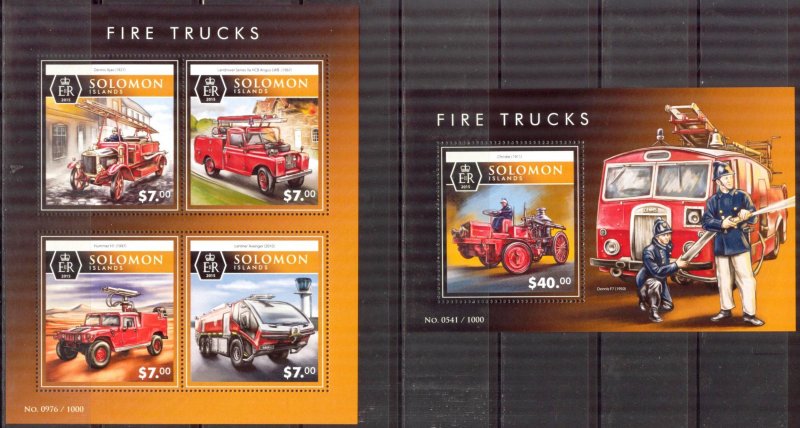 Solomon Islands 2015 Fire Engines Trucks II sheet + S/S MNH