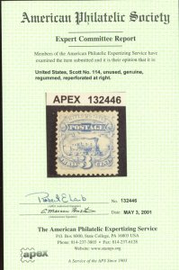 U.S. #114 MINT WITH APS CERT