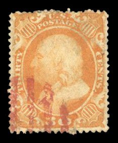 United States, 1857-61 #38 Cat$550, 1860 30c orange, red cancel, rough perfor...