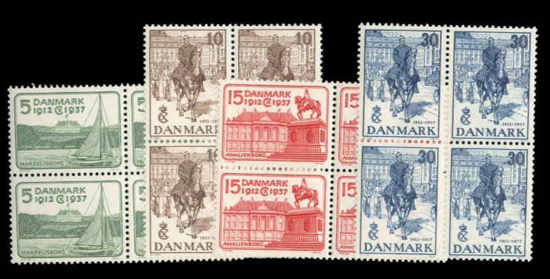 Denmark #258-261 Cat$123.40, 1937 5o-30o, blocks of four, top stamps hinged, ...