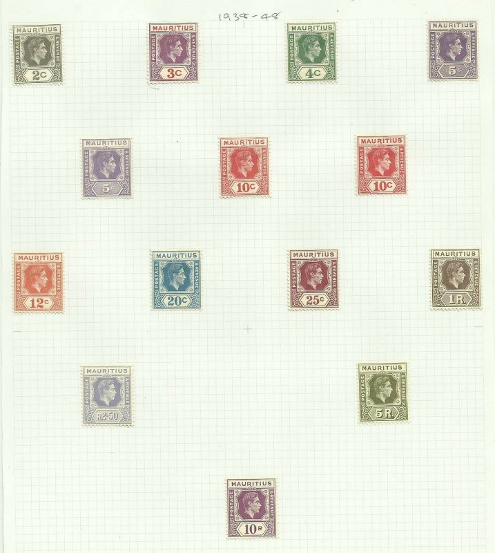 Mauritius 1938-49 Set of 14 Sg 252-263 +255B & 256B Hinged to page, M/M {C/P-25}