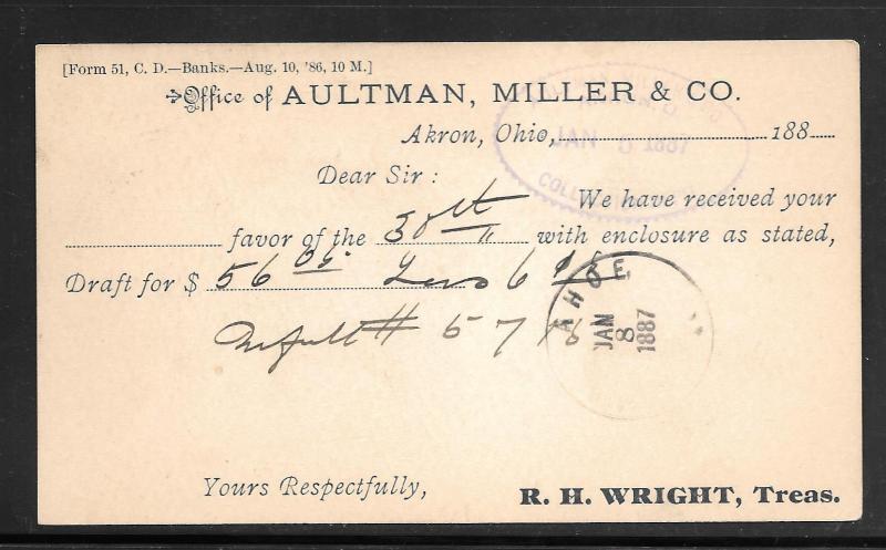 #UX8 AKRON OHIO. JAN/05/1887 1 Duplex Cancel (my1062)