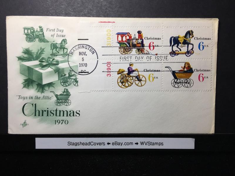US FDC 5 Nov 1970 Art Craft Cachet Christmas 1970 Toys In The Attic Plate Block