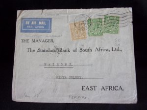 GEORGE V 1/- + 2 x 1/2d 'S B S A' PERFIN ON COVER TO KENYA