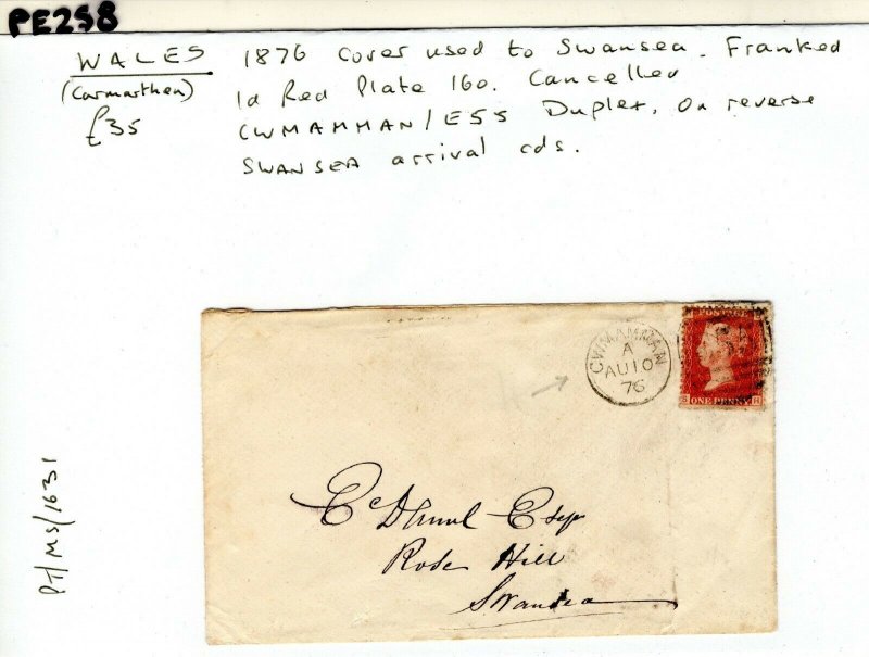 GB WALES Cover *CWMAMMAN/ E55* Duplex Swansea 1d Red Plate 160 1876 PE258 