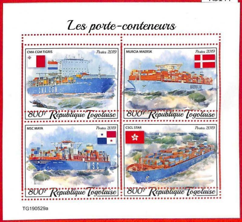 A3144 - TOGO, ERROR MISSPERF, Miniature sheet: 2019, Cargo Ships, Boats, Flags