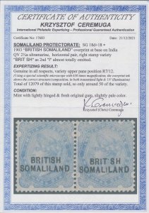SOMALILAND 1903 QV India 2½a pair, variety 'BRIT.SH'. Only 50 sold. Certificate.